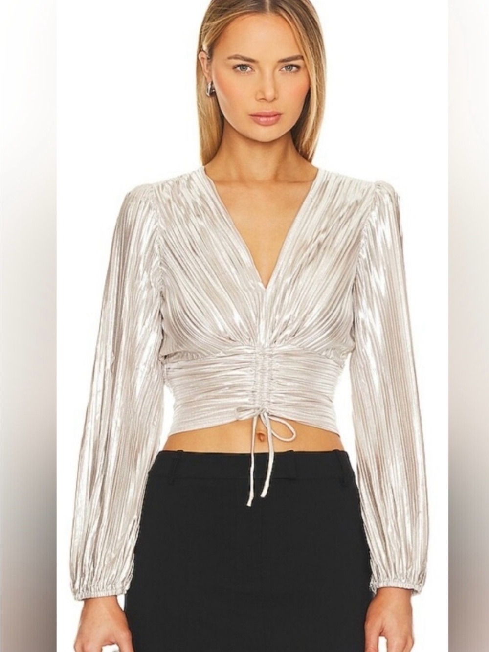 Astr Metallic Silver Ruched V-Neck Top